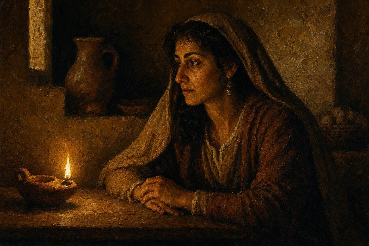 A woman seated alone at a bare table, hands folded, mouth closed, a single lamp catching the stillness of her face
