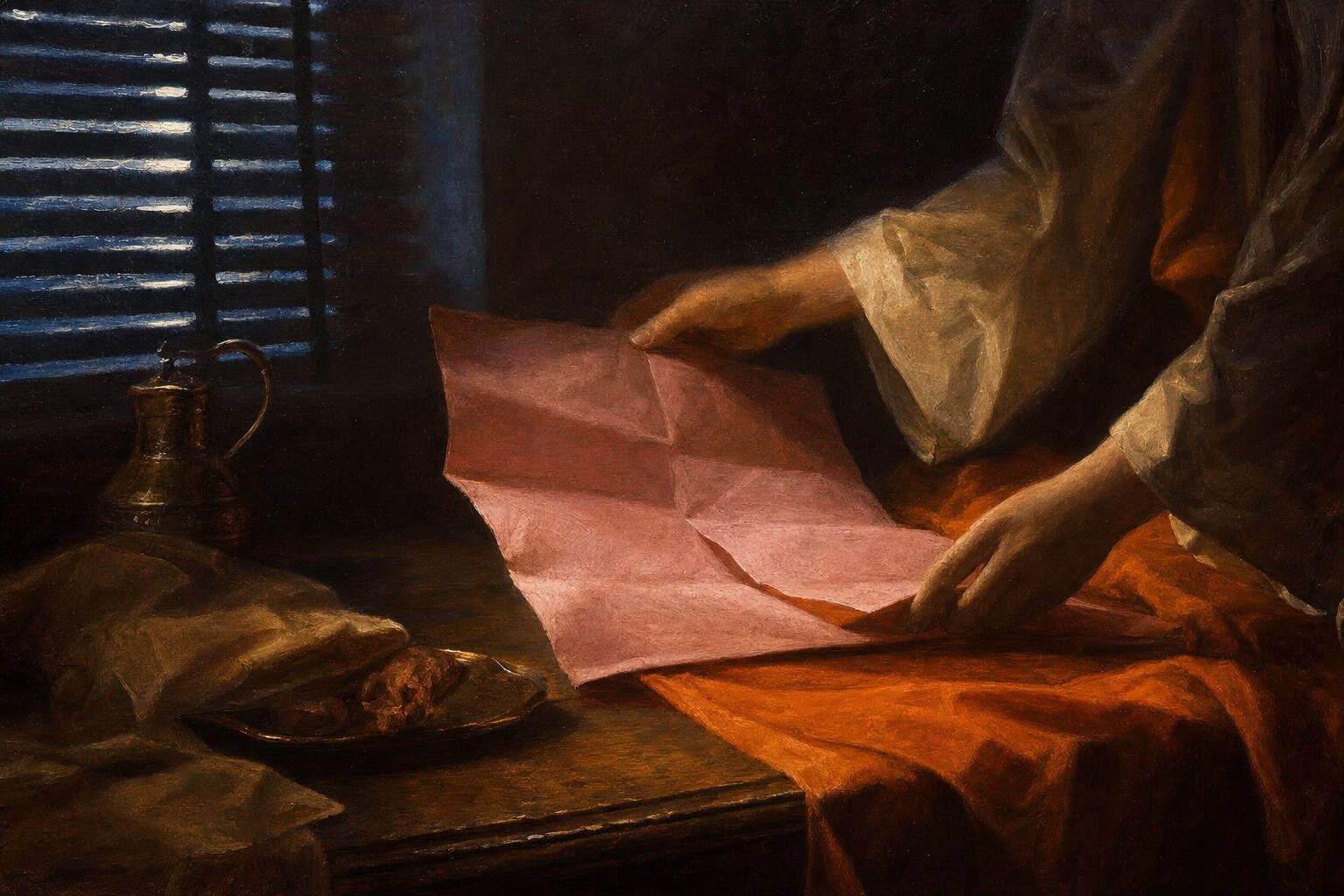 A man with a beard sits in a dimly lit room, intently reading a piece of paper, with a candle and a jug nearby.