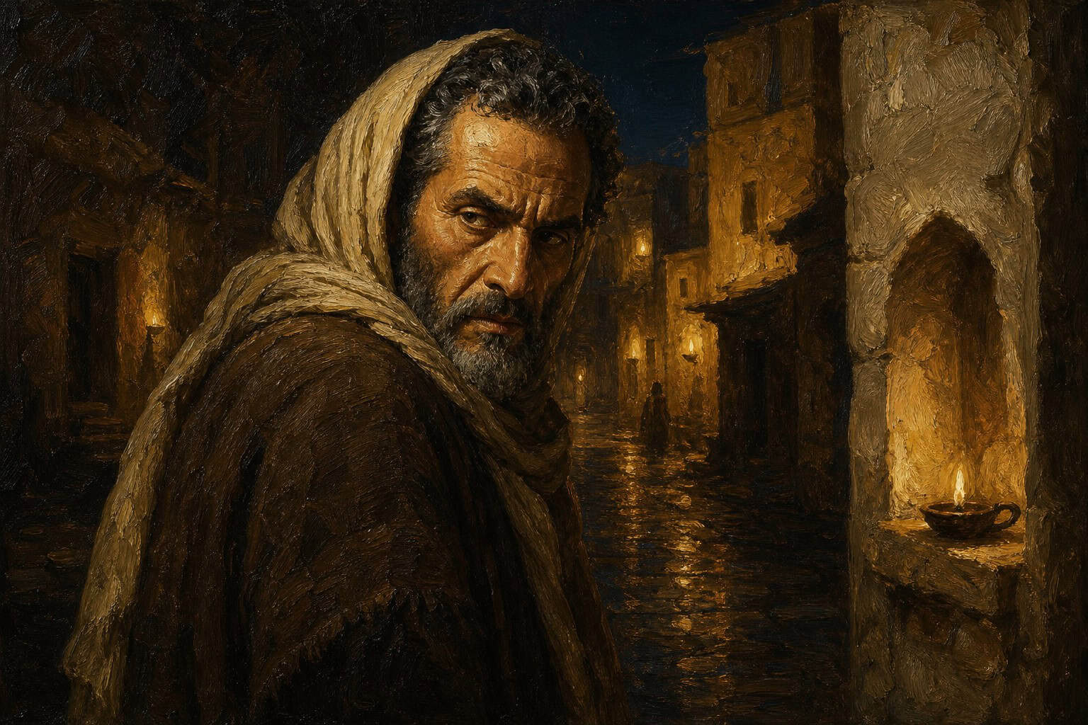 A lone man walking an empty night street, streetlamp light on wet pavement, his face turned half away as if caught unguarded