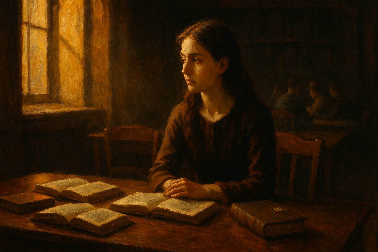 A solitary young woman at a library table, sunlight and books around her, grave and withdrawn