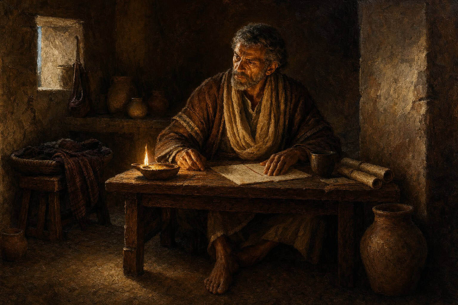 A lone student at a wooden desk in gray light, a red-marked paper folded under one hand, bare foot pressed flat on the floor