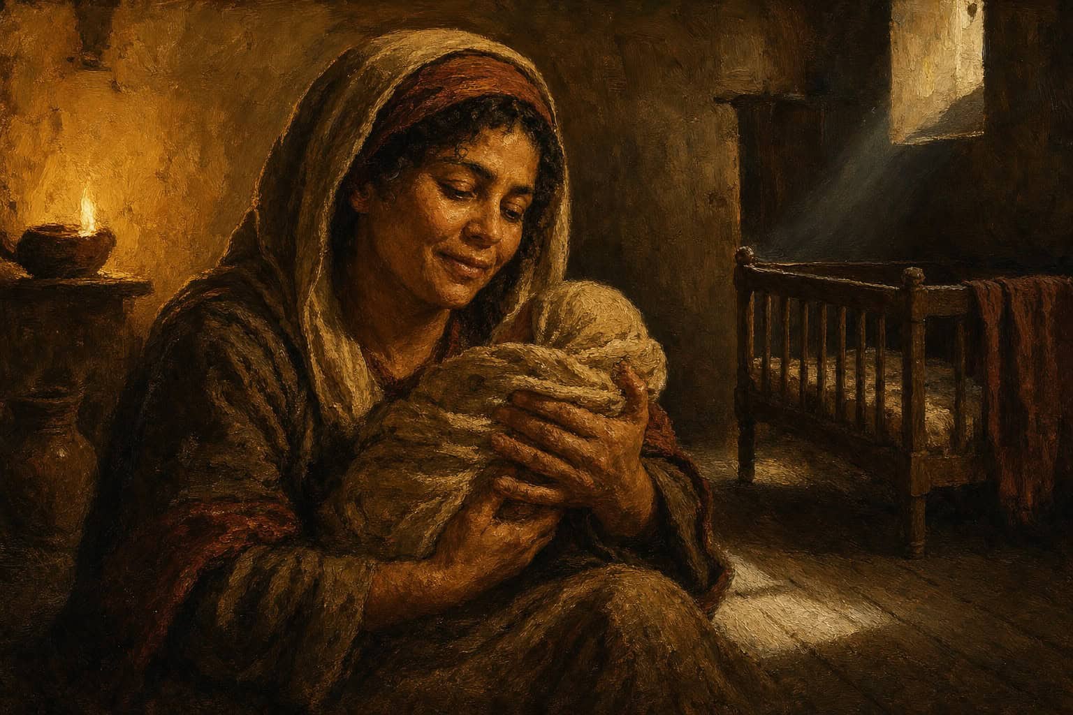A dim nursery at dusk, an empty crib against a wall, a shaft of grey light falling across bare floorboards.