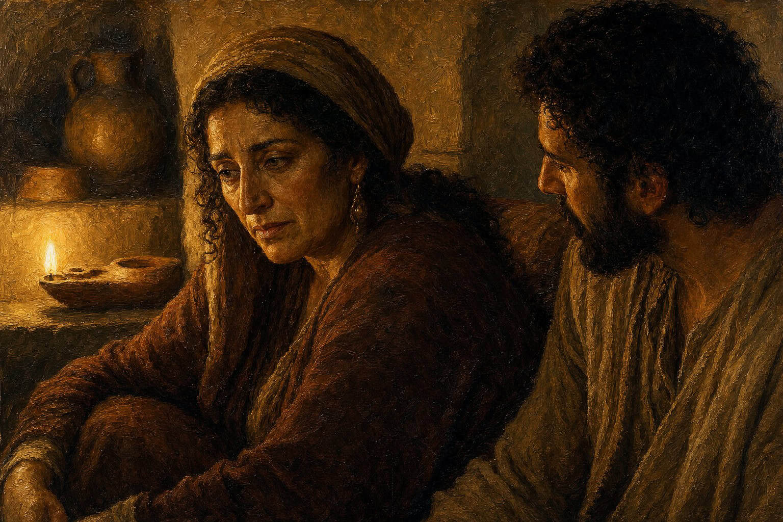 Two figures close together on a dim couch, warm lamplight, a visible dim space between their faces.