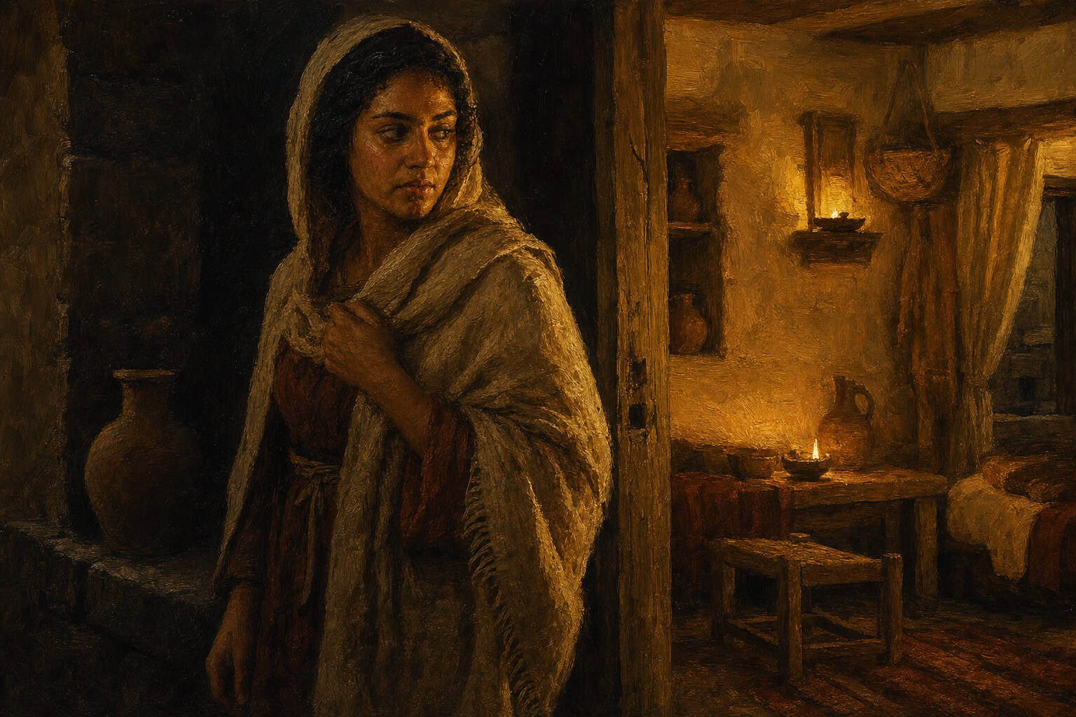 A dim interior with two adjoining rooms, one lit and one dark, a single figure standing in the dim threshold between them
