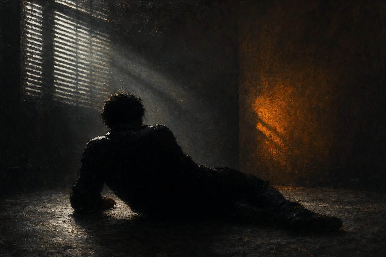 A young man sits on a straw-covered floor, gazing thoughtfully out a window, with warm light illuminating his face and surrou