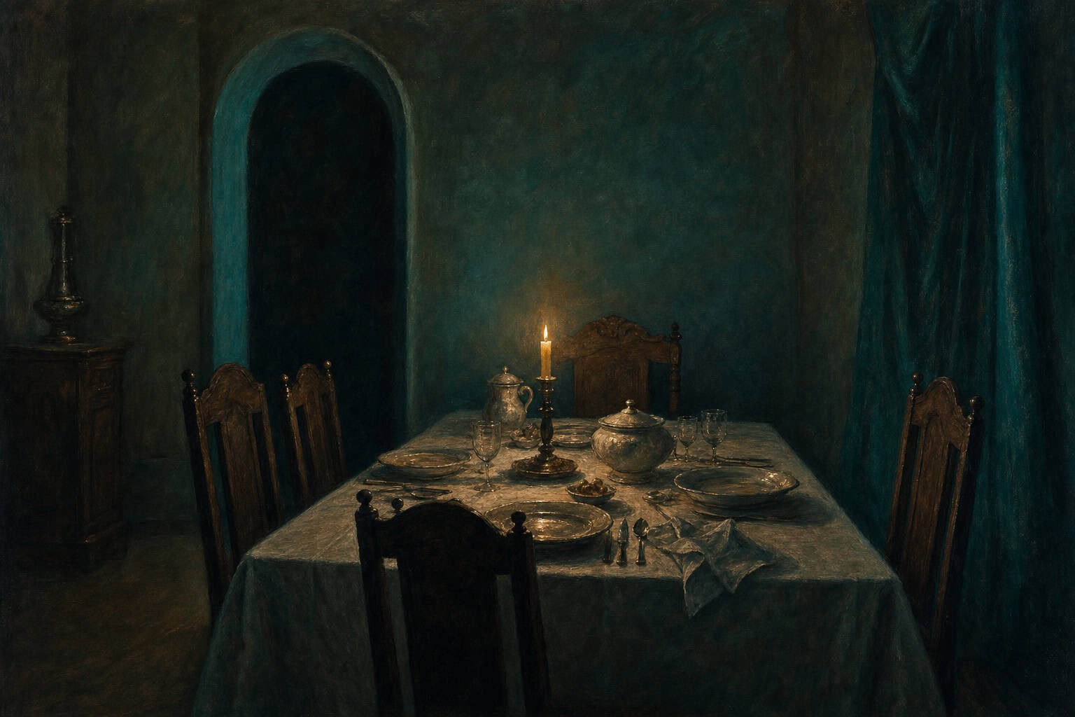 A dimly lit rustic room features a wooden table set with pottery, bread, olives, and a flickering candle.