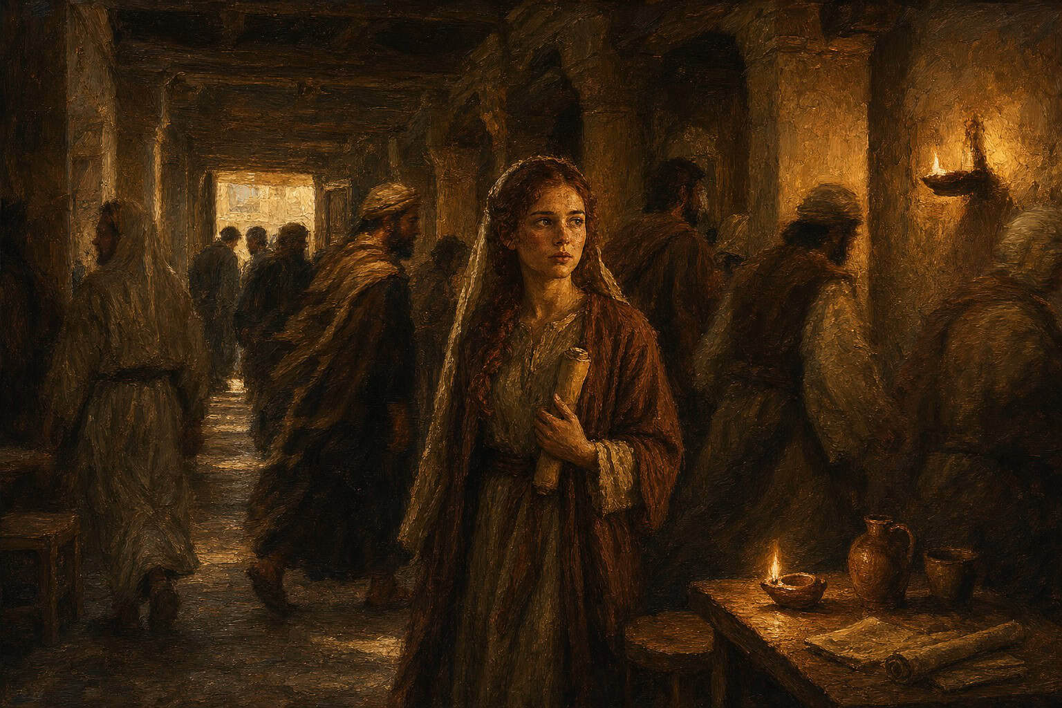 A solitary teenage figure standing still in a blurred, crowded house of study hallway, low light overhead