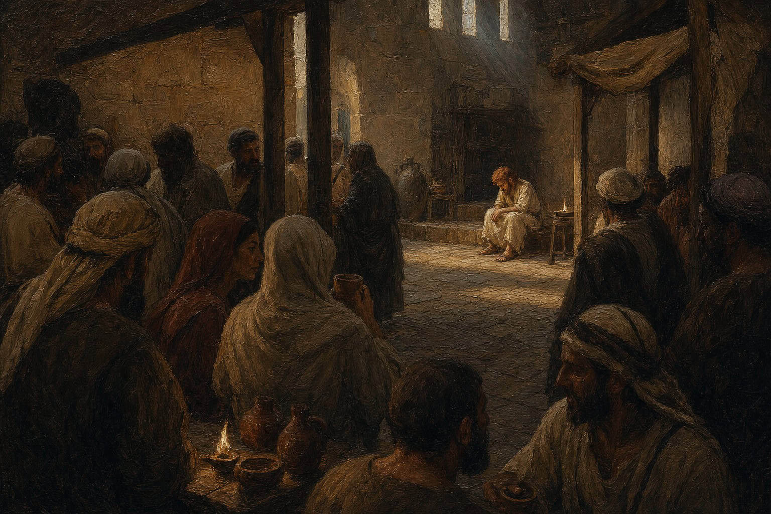 A boy alone at the far end of a crowded communal courtyard, head bent, gray light through high windows