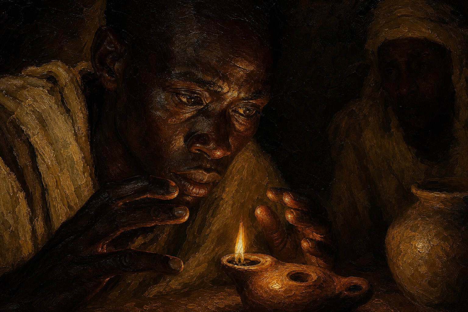A solitary figure at night, face lit blue by a small glowing clay oil lamp in an otherwise dark room, hands hovering