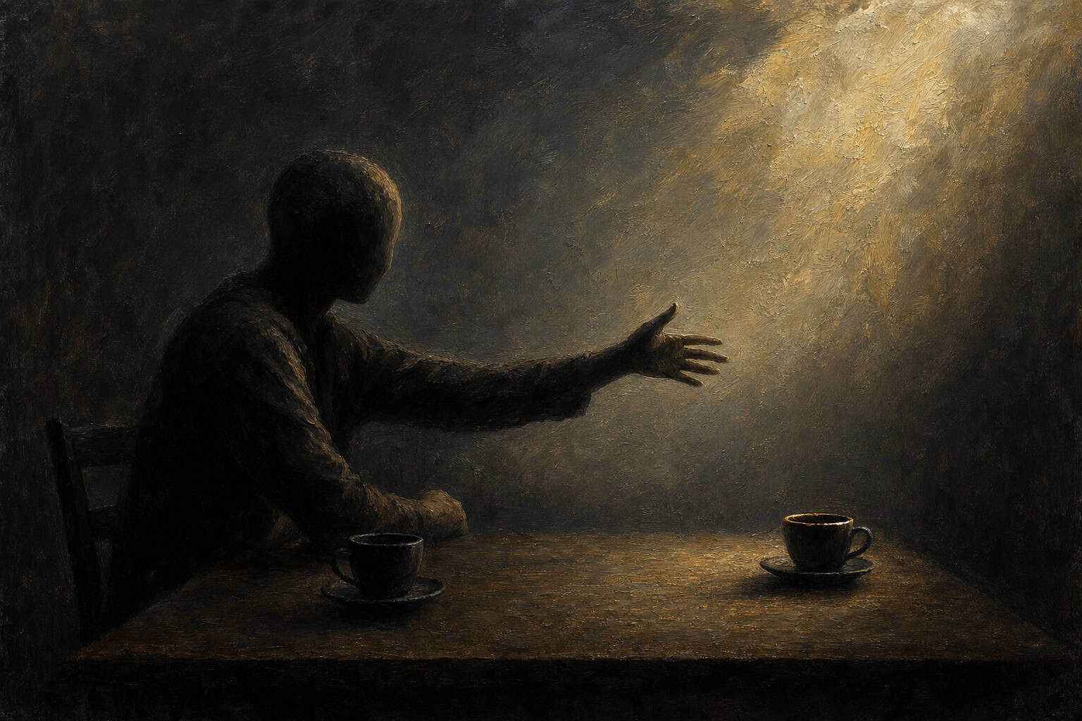 A figure at an empty table with two coffee cups, one hand reaching across the void toward an absent presence — a painterly chiaroscuro oil painting evoking the attunement of Longing, by Anthony Adoré.