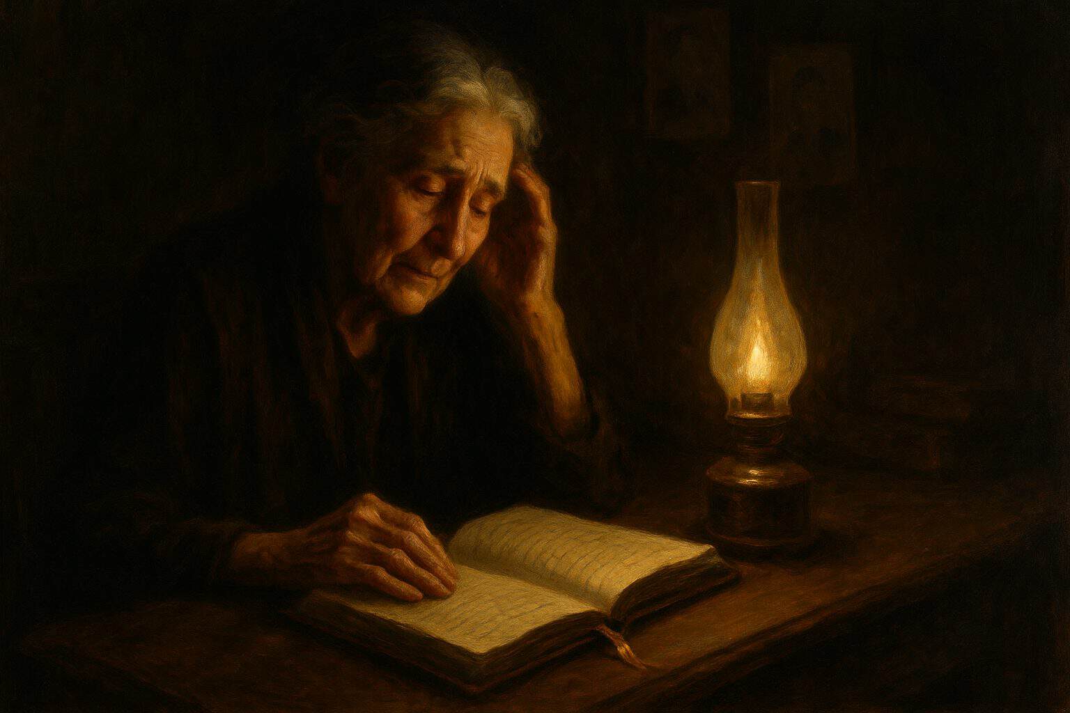 An old woman rereading her own journal by lamplight, her face holding layered grief and quiet peace