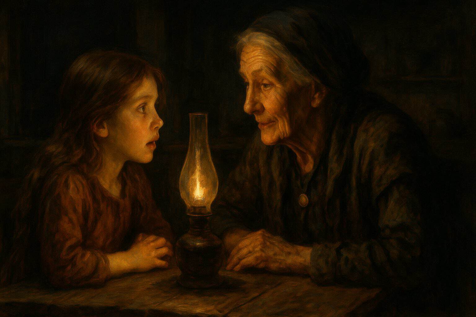 An elderly woman gazing tenderly at her granddaughter across a lamplit table, a moment of deep recognition
