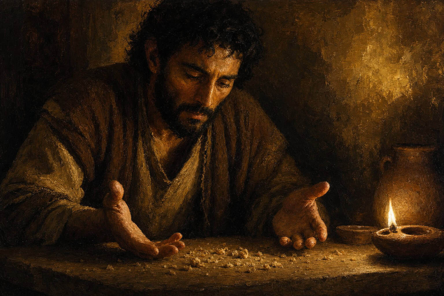 A solitary figure at a bare wooden table, hands open, a scatter of breadcrumbs across the grain