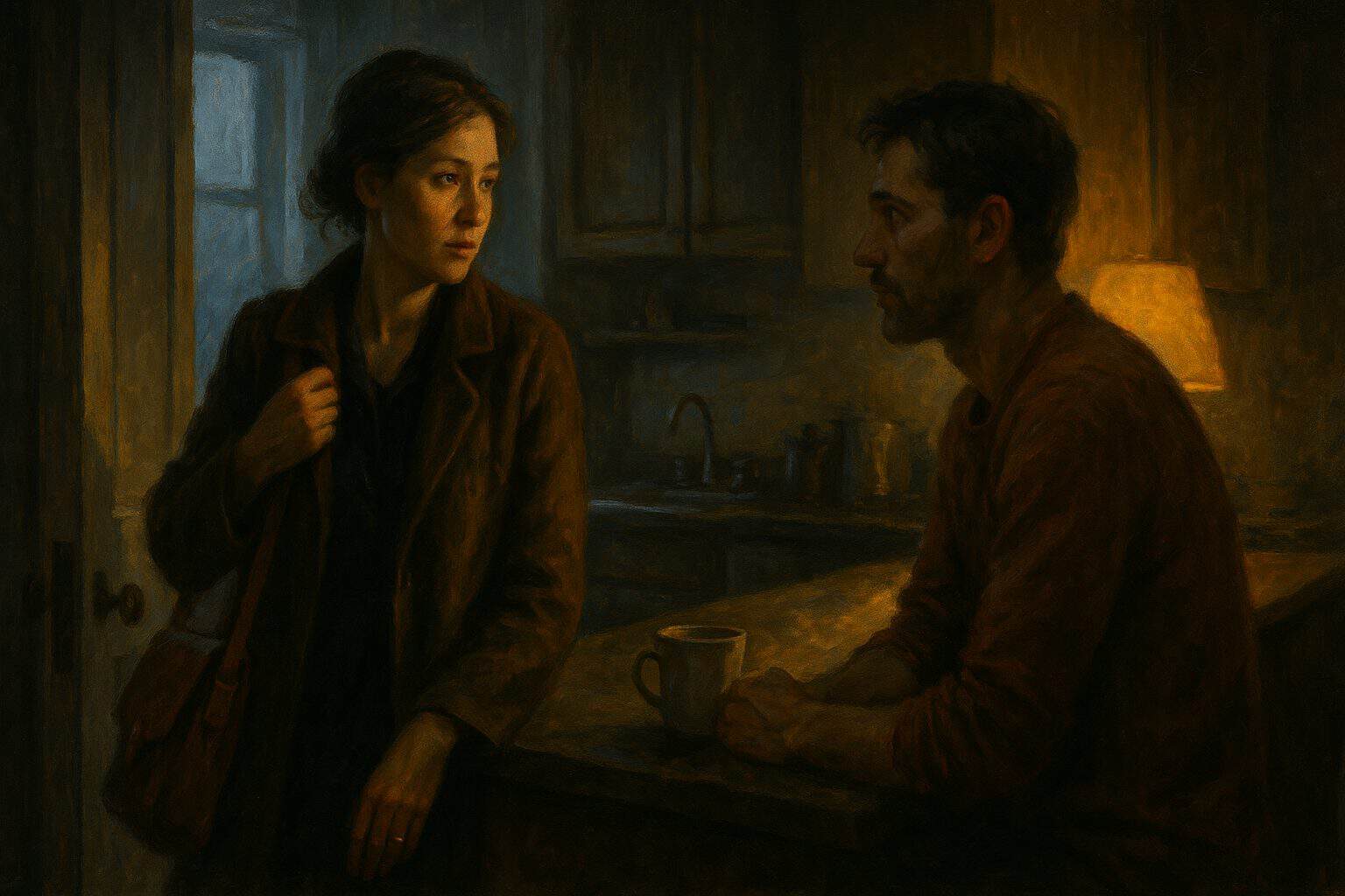 A woman pausing at a doorway looks back at a man by a coffee cup, tension easing into tenderness