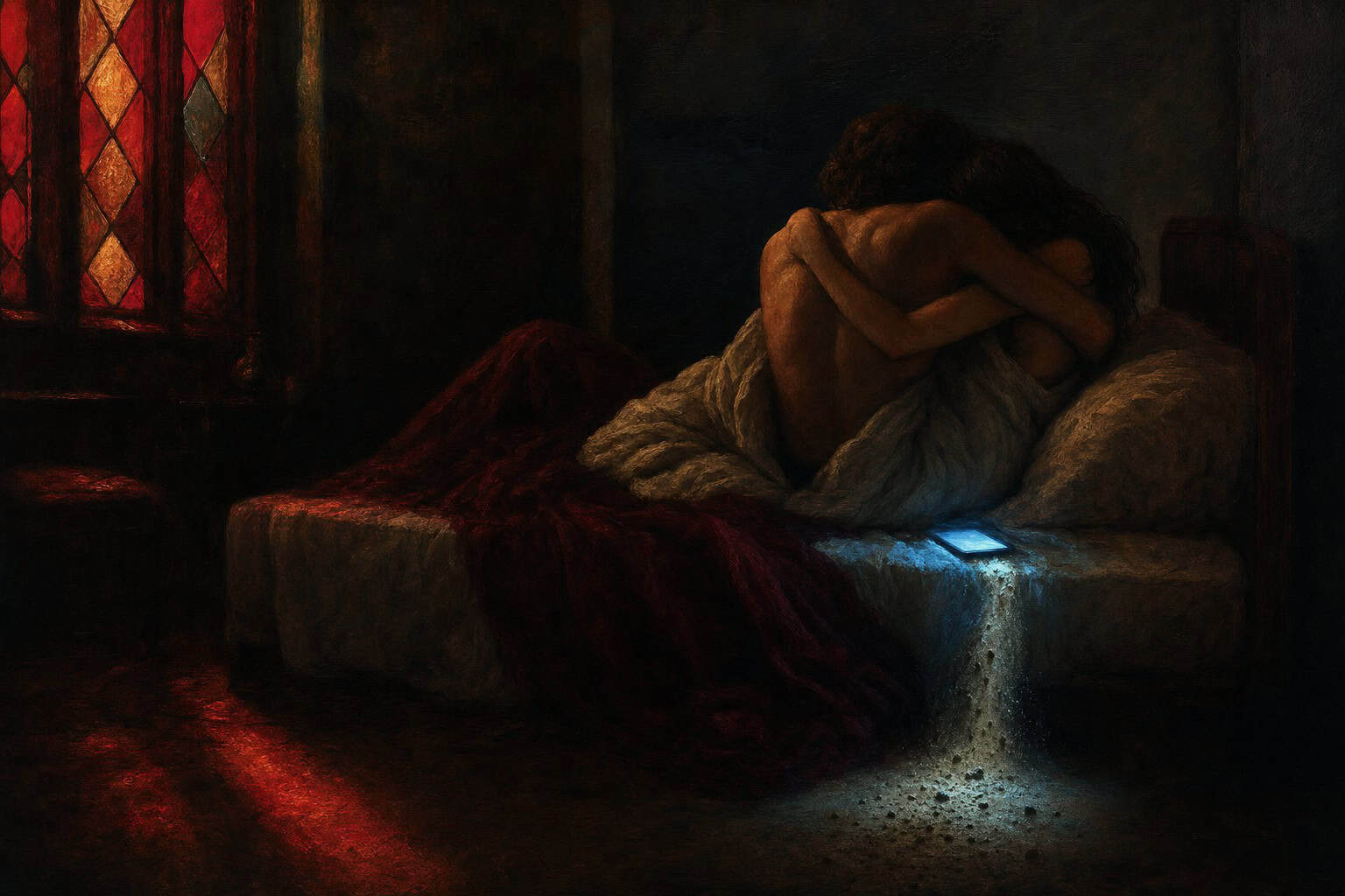 two figures on a bed at night, clinging to each other while blue phone light illuminates the sand spilling — Fractions of the Soul by Anthony Adore