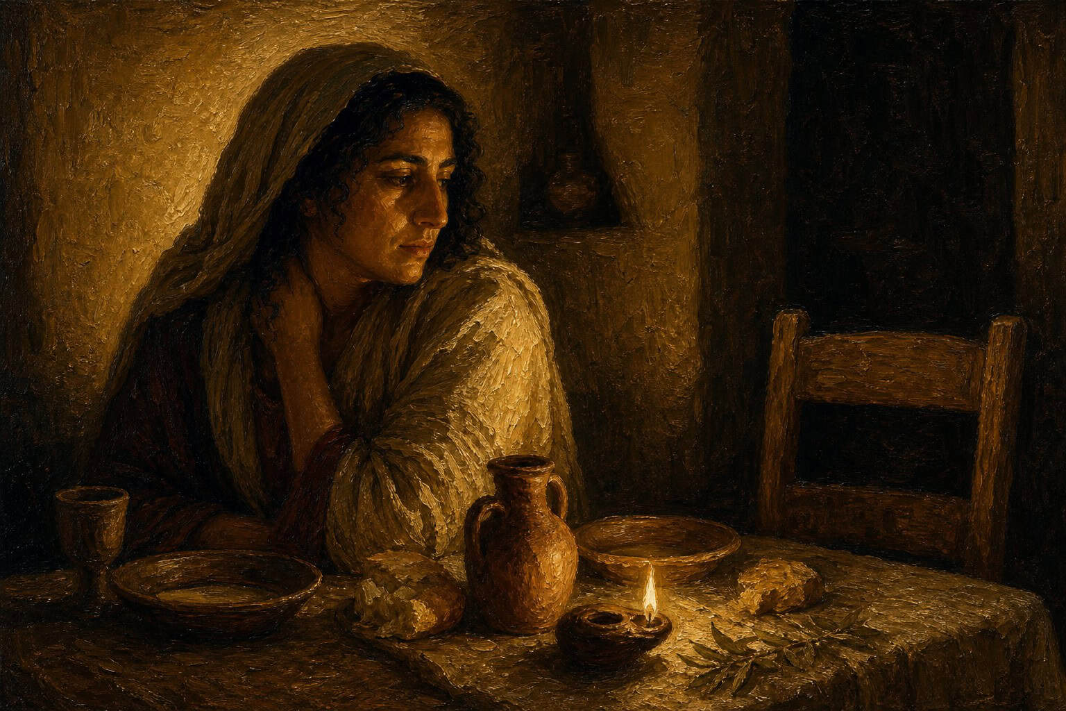 A candlelit dinner table set for two, one chair empty, the food untouched