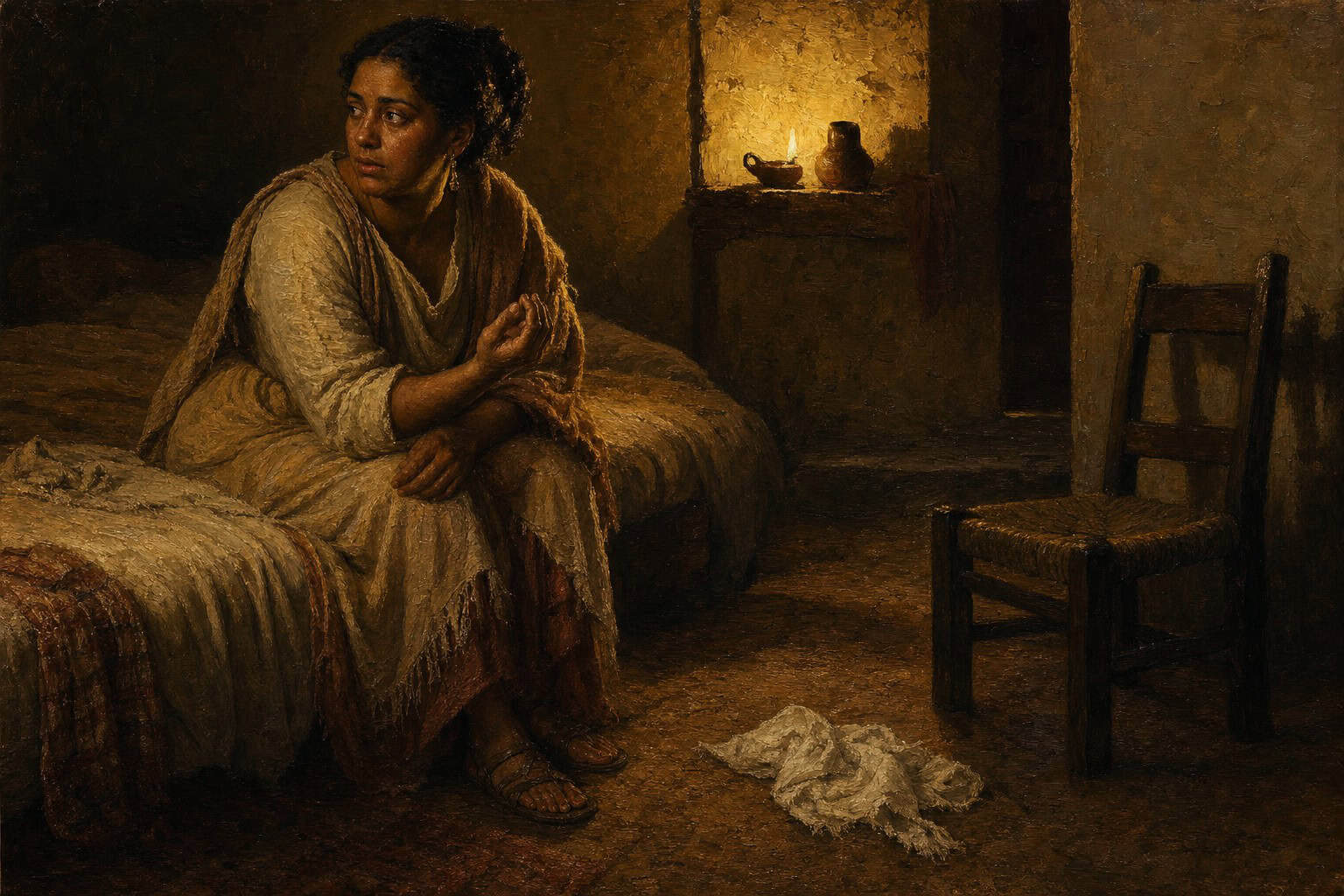 A man seated alone on the edge of an unmade bed in dim lamplight, an empty chair across the room