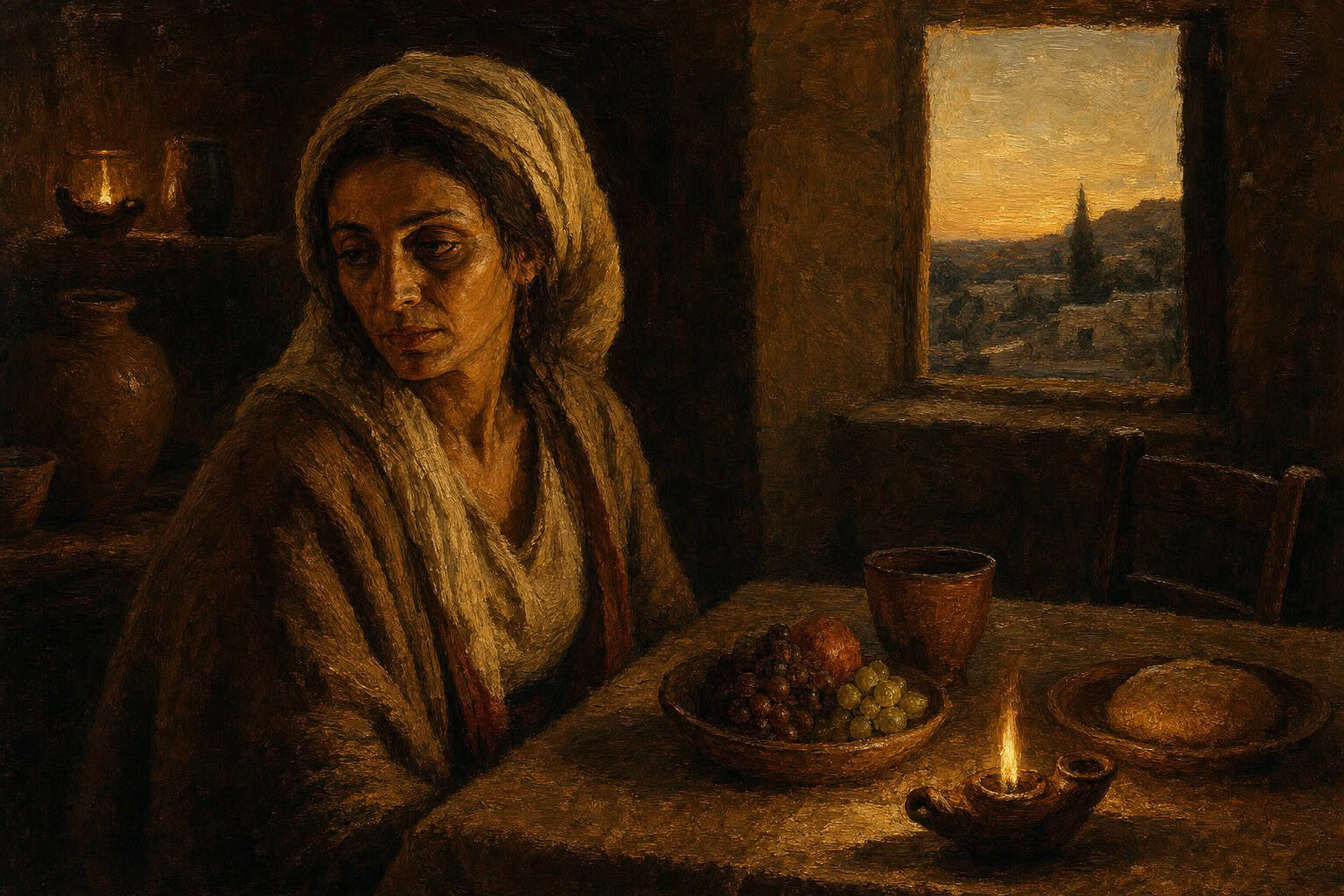A dim kitchen table set with fruit and a single lit candle, one empty chair pulled slightly back
