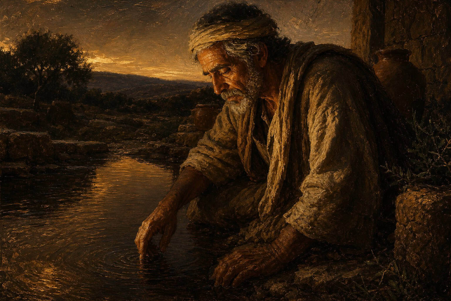 A lone figure bent over still dark water at dusk, faint reflection breaking into rings, soft chiaroscuro light