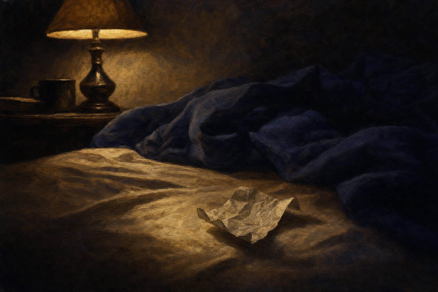 a crumpled receipt resting on an unmade bed — Confessions to the Empty Chair by Anthony Adore