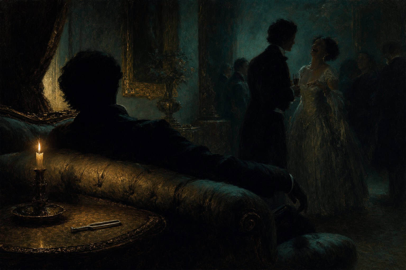 a person sunk into a plush party couch, watching a laughing couple across the room, a forgotten tuning fork — Fractions of the Soul by Anthony Adore