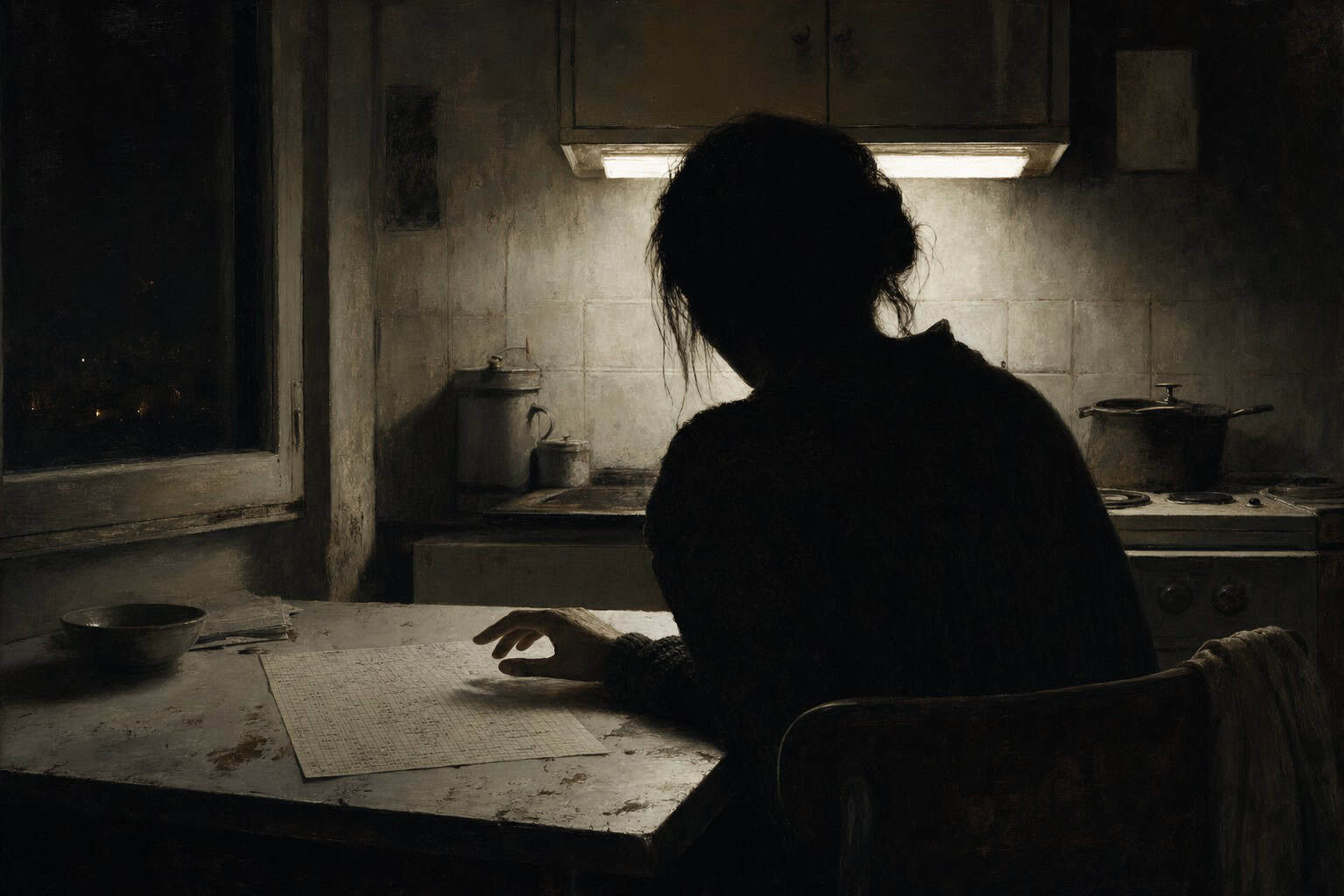 A woman sits at a wooden table, reading a scroll, illuminated by a warm candlelight in a rustic setting.