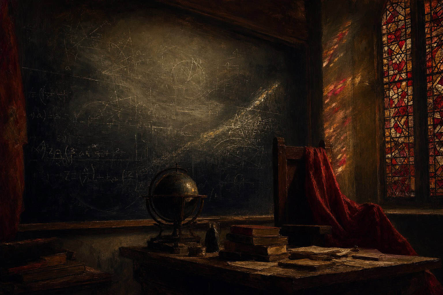 chalk equations covering a dark wall, partially erased and rewritten — Confessions to the Empty Chair by Anthony Adore