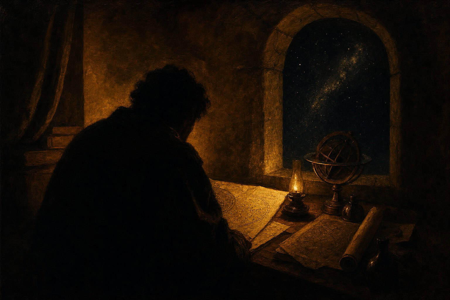 A bearded man in a dimly lit room studies a scroll, illuminated by a small candle, with a window showing a starry night.