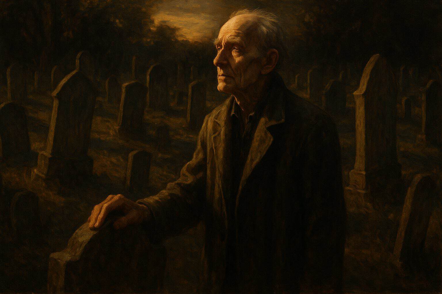 An old man in a worn coat stands among sunlit gravestones, grief and quiet defiance on his face