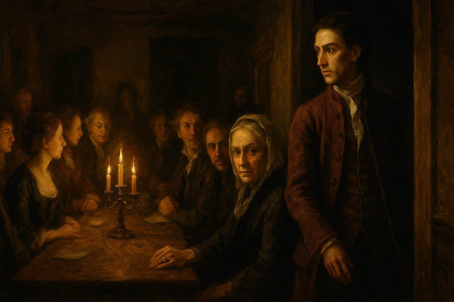 A young man pausing at a candlelit salon doorway as seated guests turn to read him, tense and wary