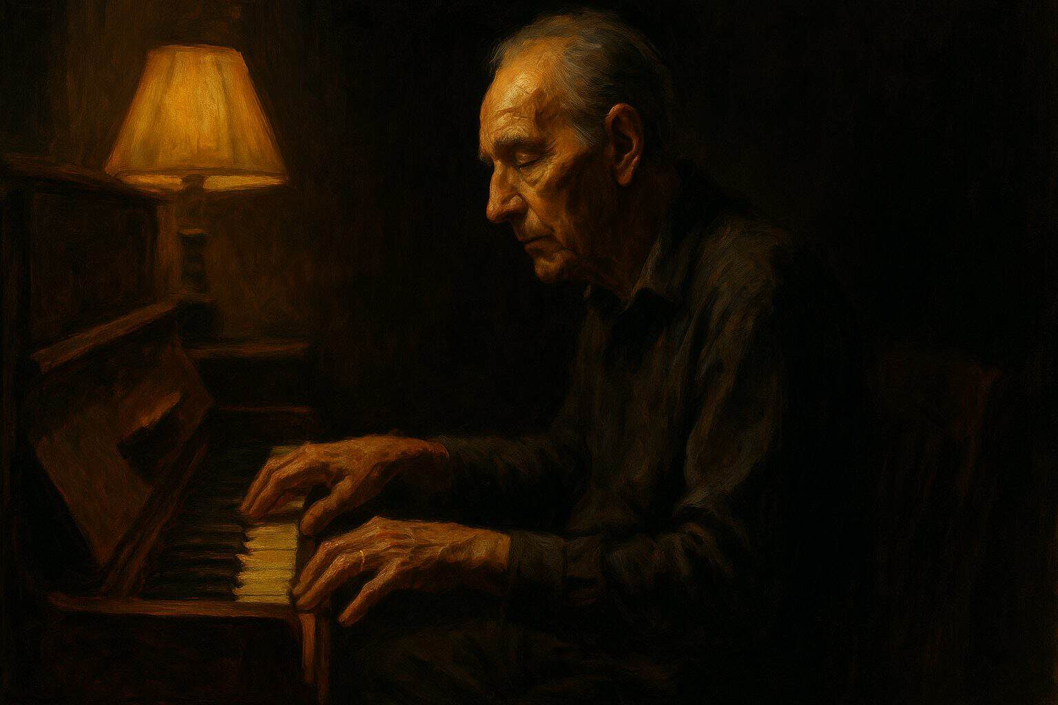 Elderly pianist playing with closed eyes in lamplight, hands remembering the music, calm and reverent