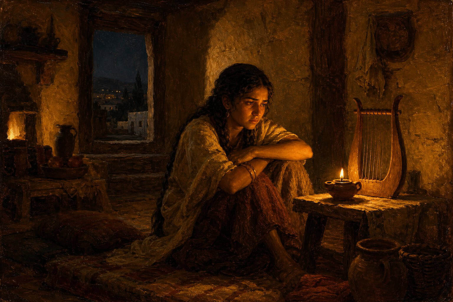 A boy alone in a dark room lit only by the amber glow of a lyre dial, face turned toward the small lyre