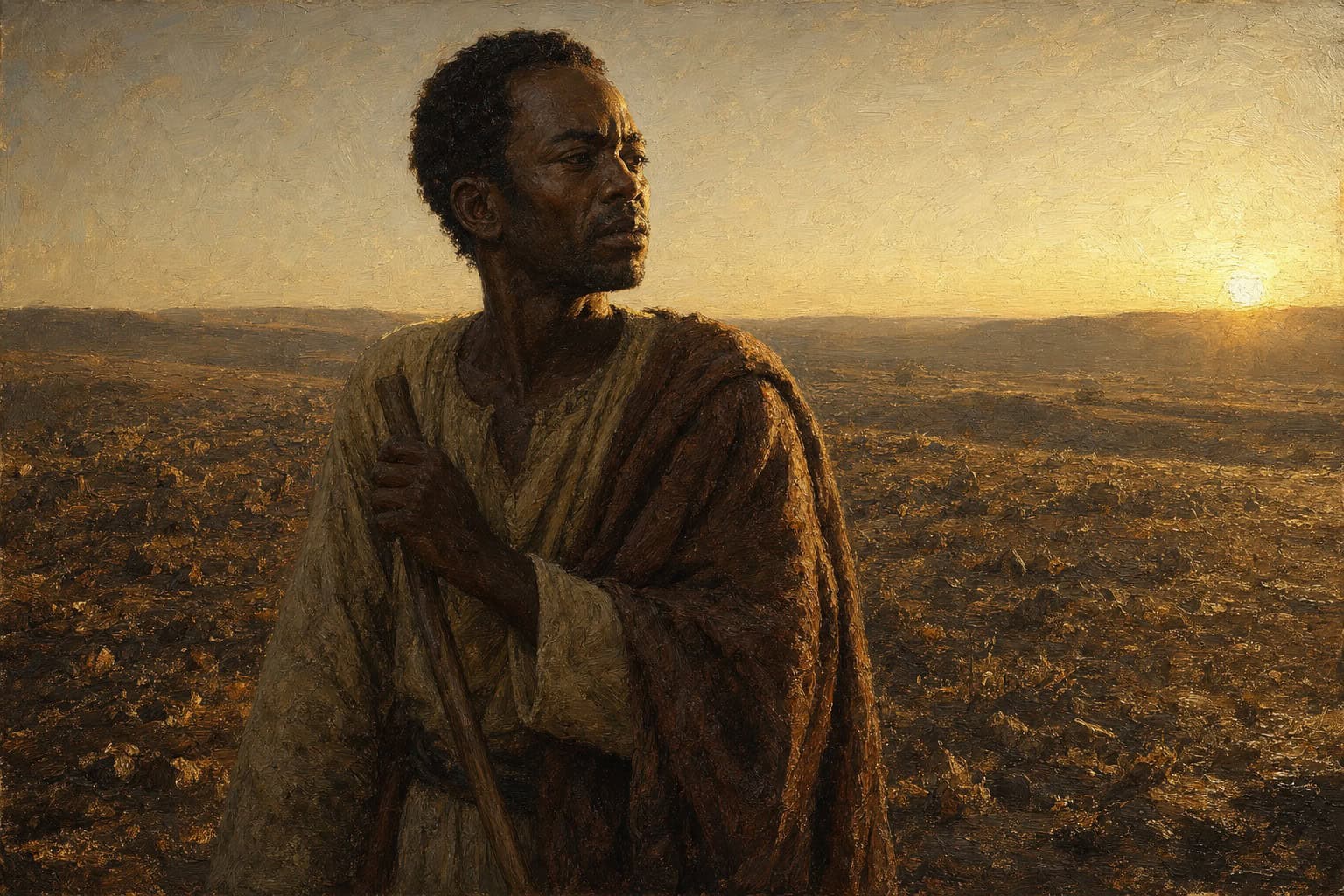 A single figure standing alone at dawn in an empty, cleared field under a wide clear sky, one long shadow, no storm clouds