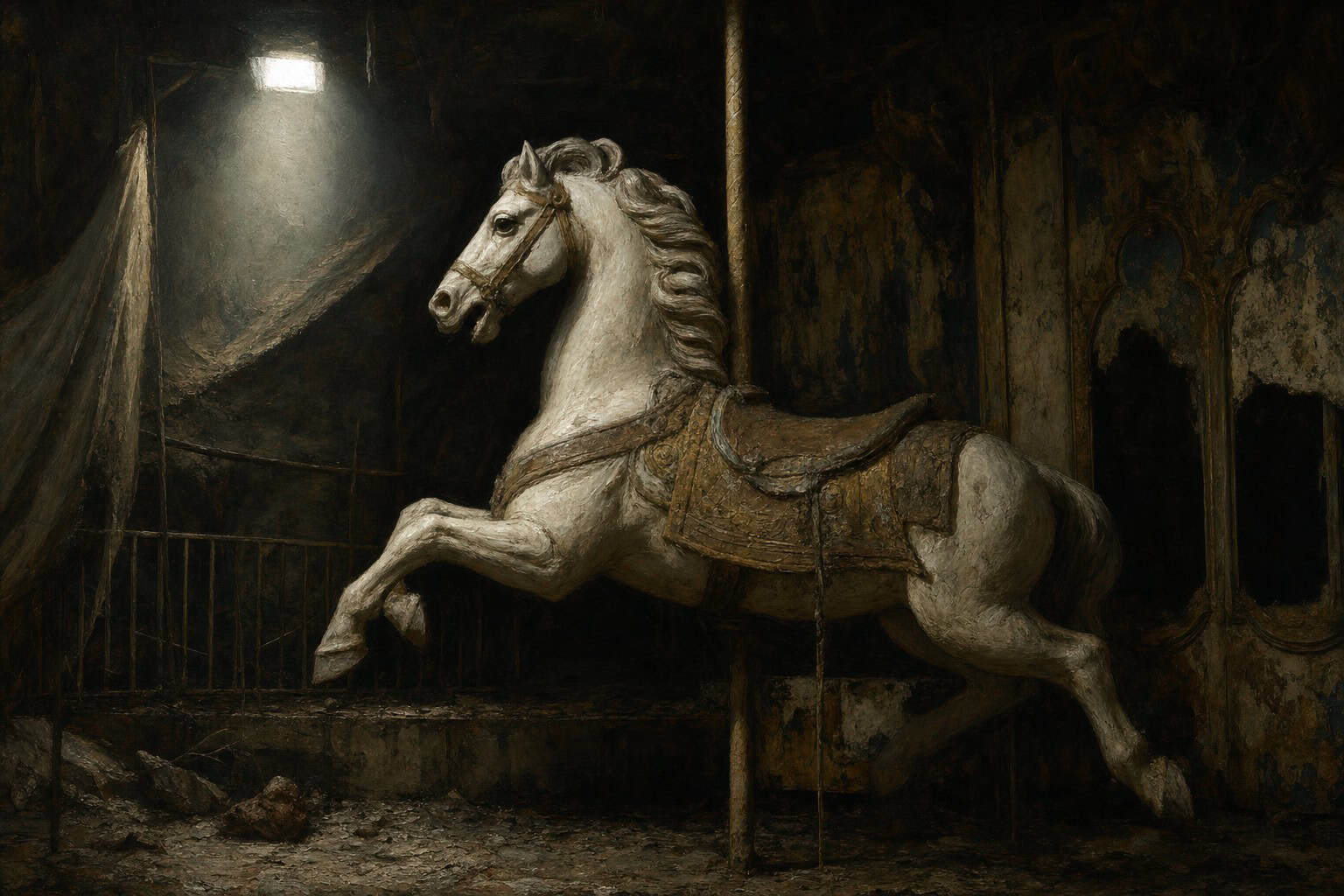 A man stands with arms crossed, gazing thoughtfully at a large wooden horse, while two others observe intently in a dimly lit