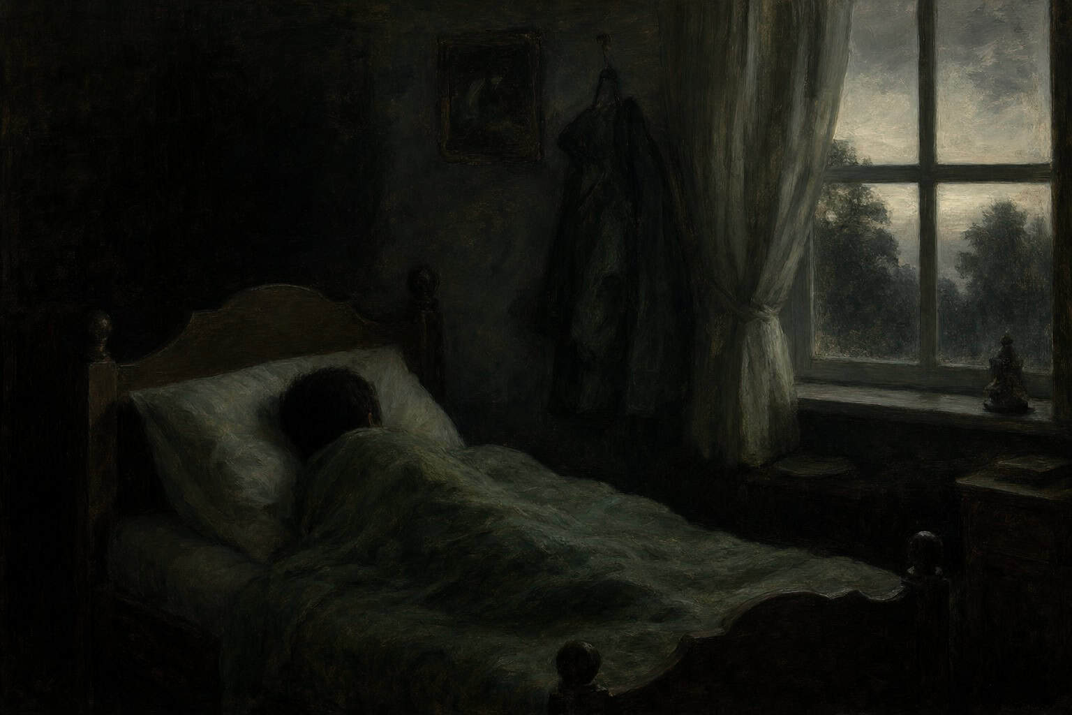 A young boy sleeps peacefully on a bed, with a candle flickering nearby and a window revealing a sunset.