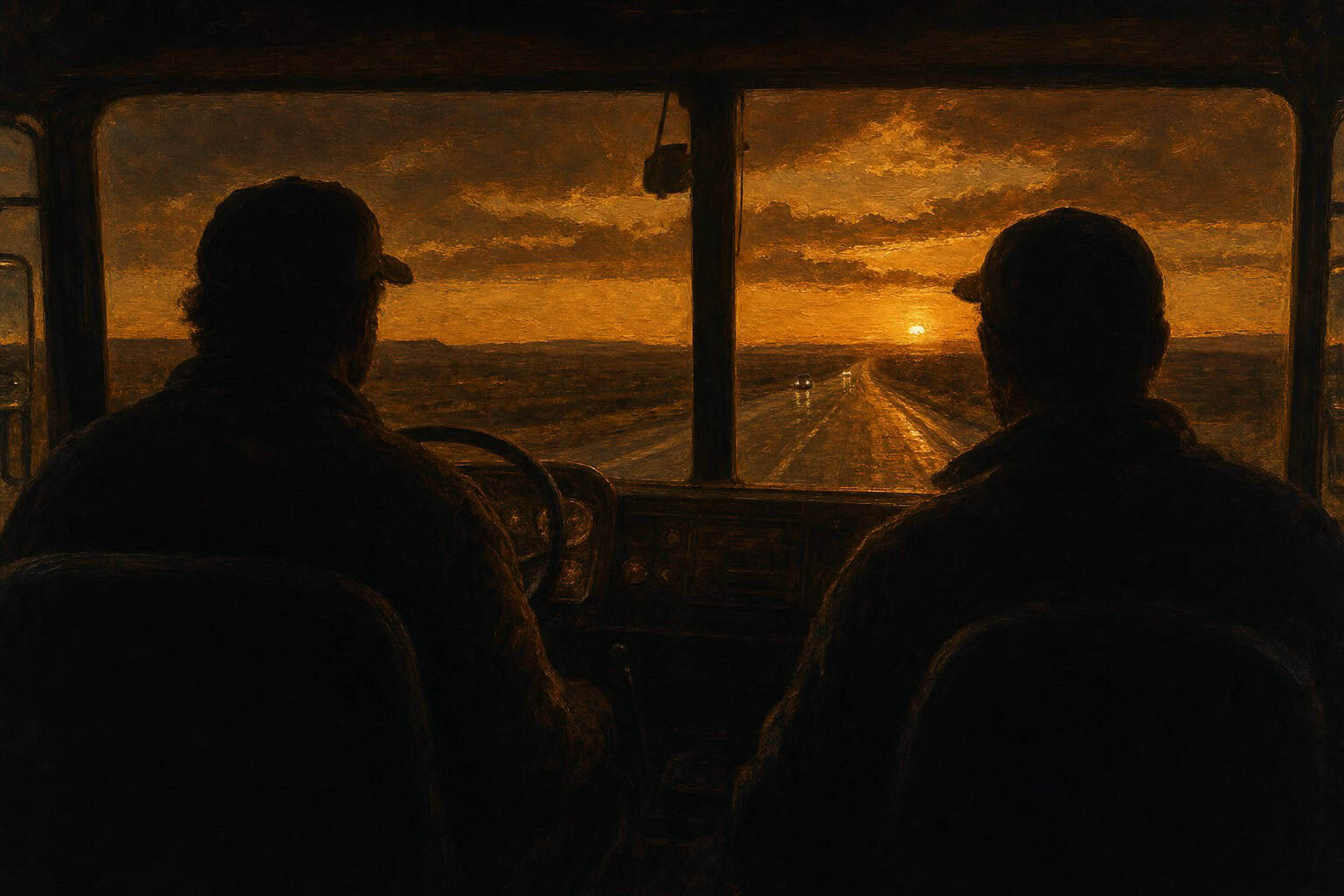 two men in a truck cab at dusk, highway stretching ahead — Confessions to the Empty Chair by Anthony Adore