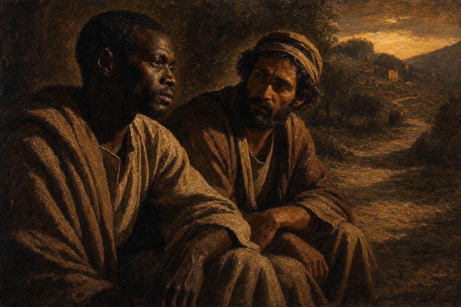 Two figures seated side by side on a dirt road at dusk, one gazing forward, the other studying his profile