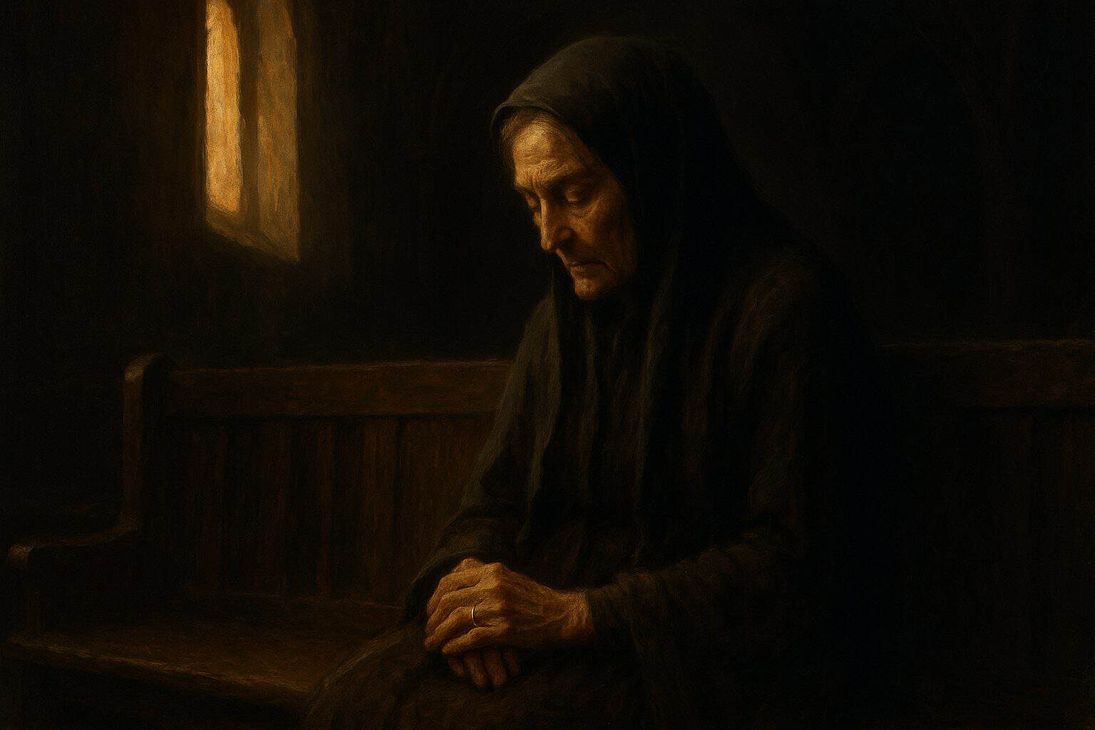 An old widow sits alone in a shadowed chapel at dusk, hands folded, face heavy with quiet sorrow