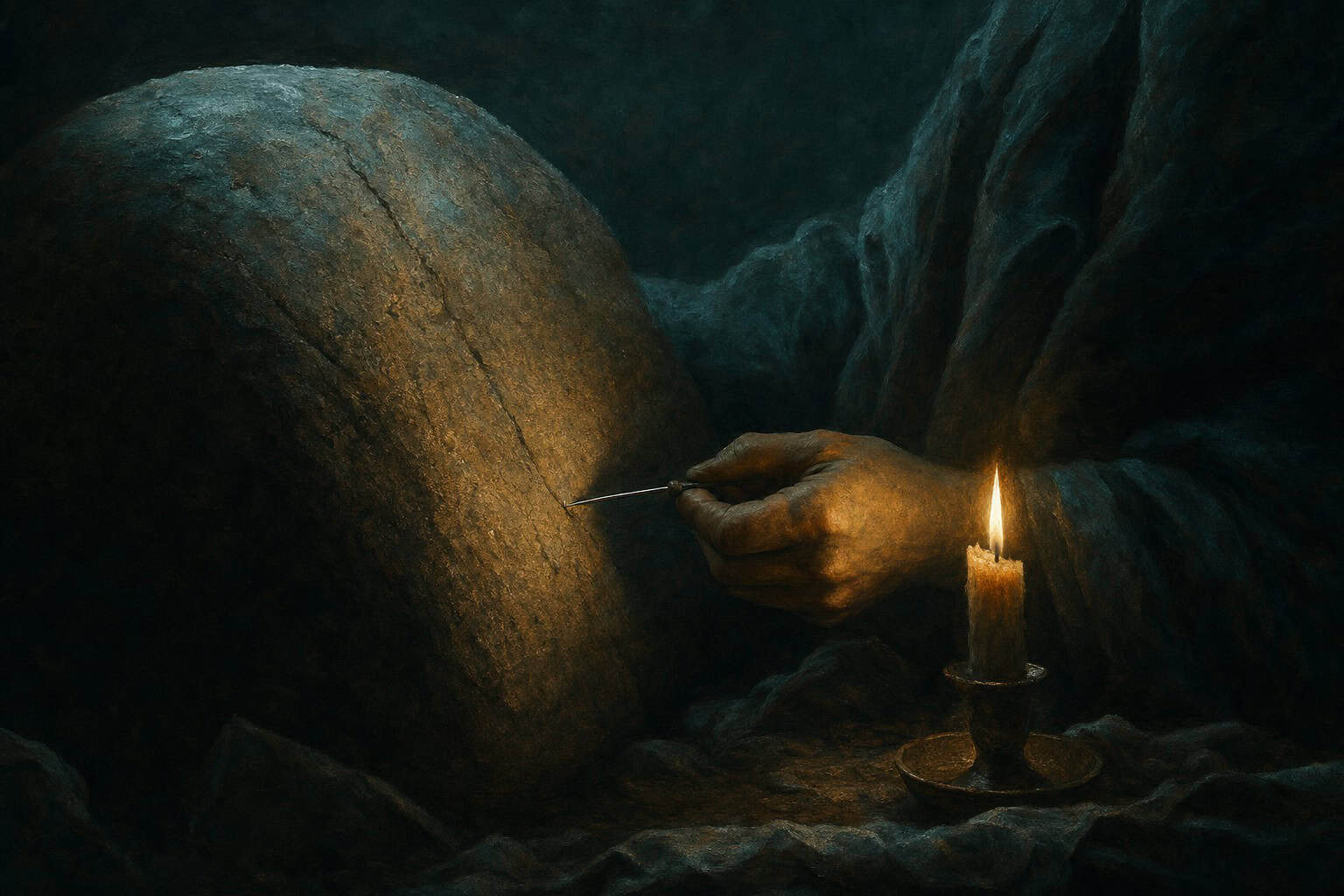 A surgical needle pressed against massive stone — Fractions of the Soul by Anthony Adore