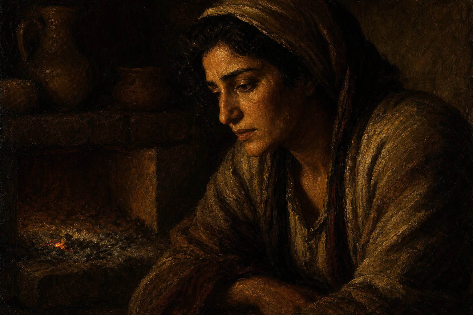 A single dim ember glowing under gray ash in a dim hearth, faint warm light against darkness.