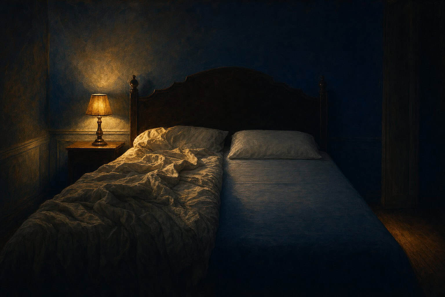 an unmade bed with one side clearly slept in and the other side smooth, no clothes or belongings anywhere in — Confessions to the Empty Chair by Anthony Adore