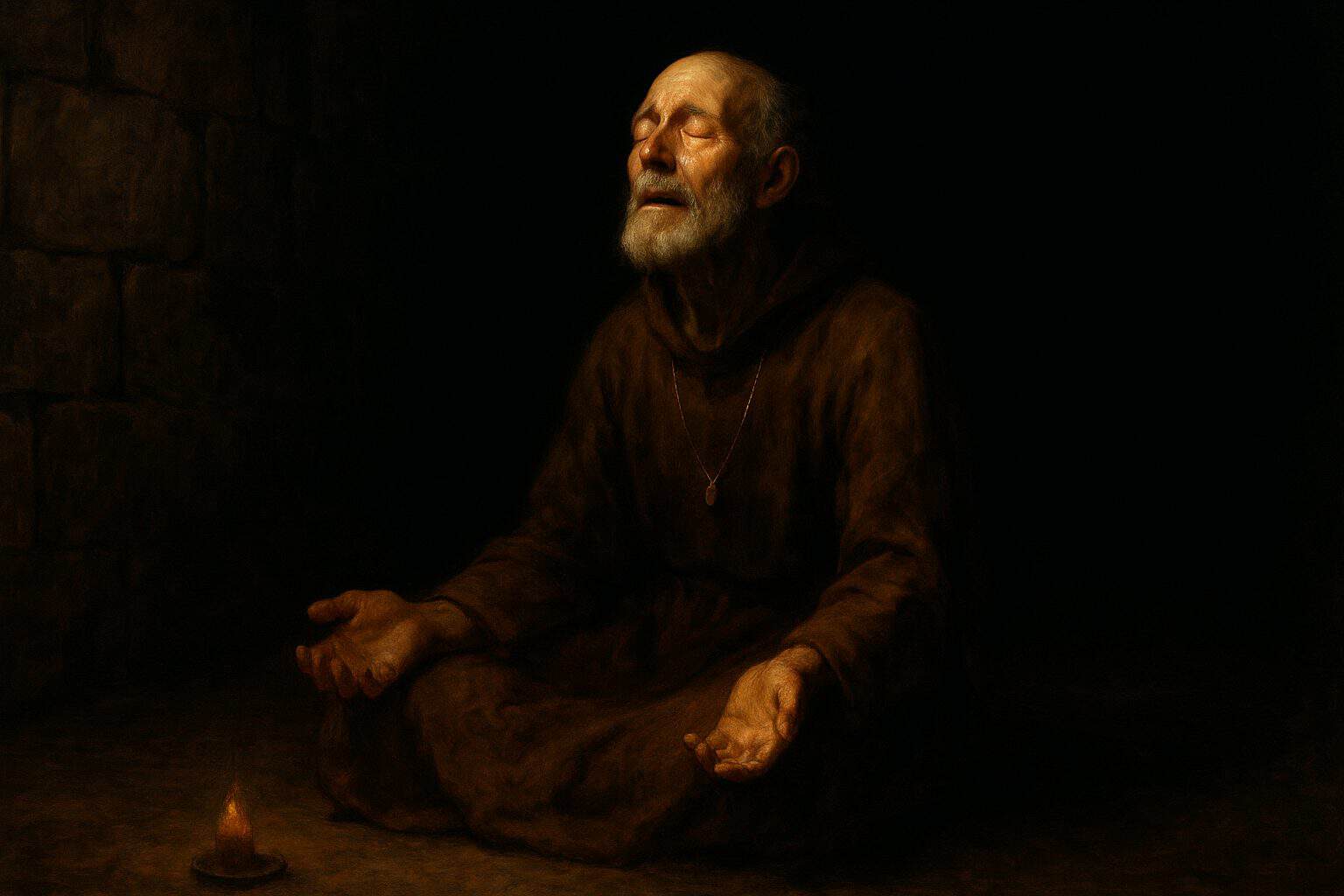 An old man weeping in a bare dark cell by a dying candle, surrendering in the darkness