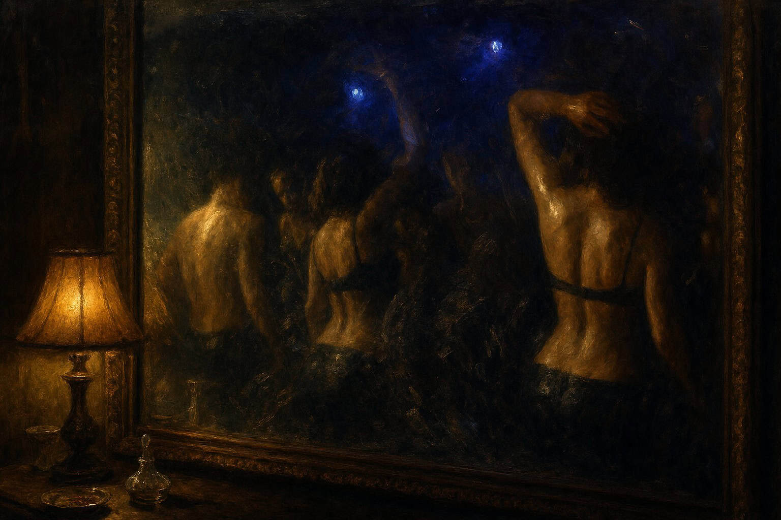 strobe-lit bodies reflected in a fogged nightclub mirror, fingerprints smeared across the glass — Fractions of the Soul by Anthony Adore