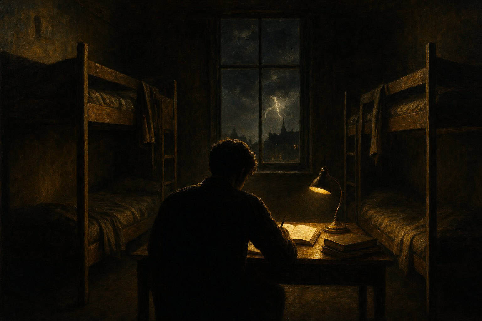 A young man in a dimly lit room writes intently at a table, with a candle illuminating his focused expression and a stormy sk