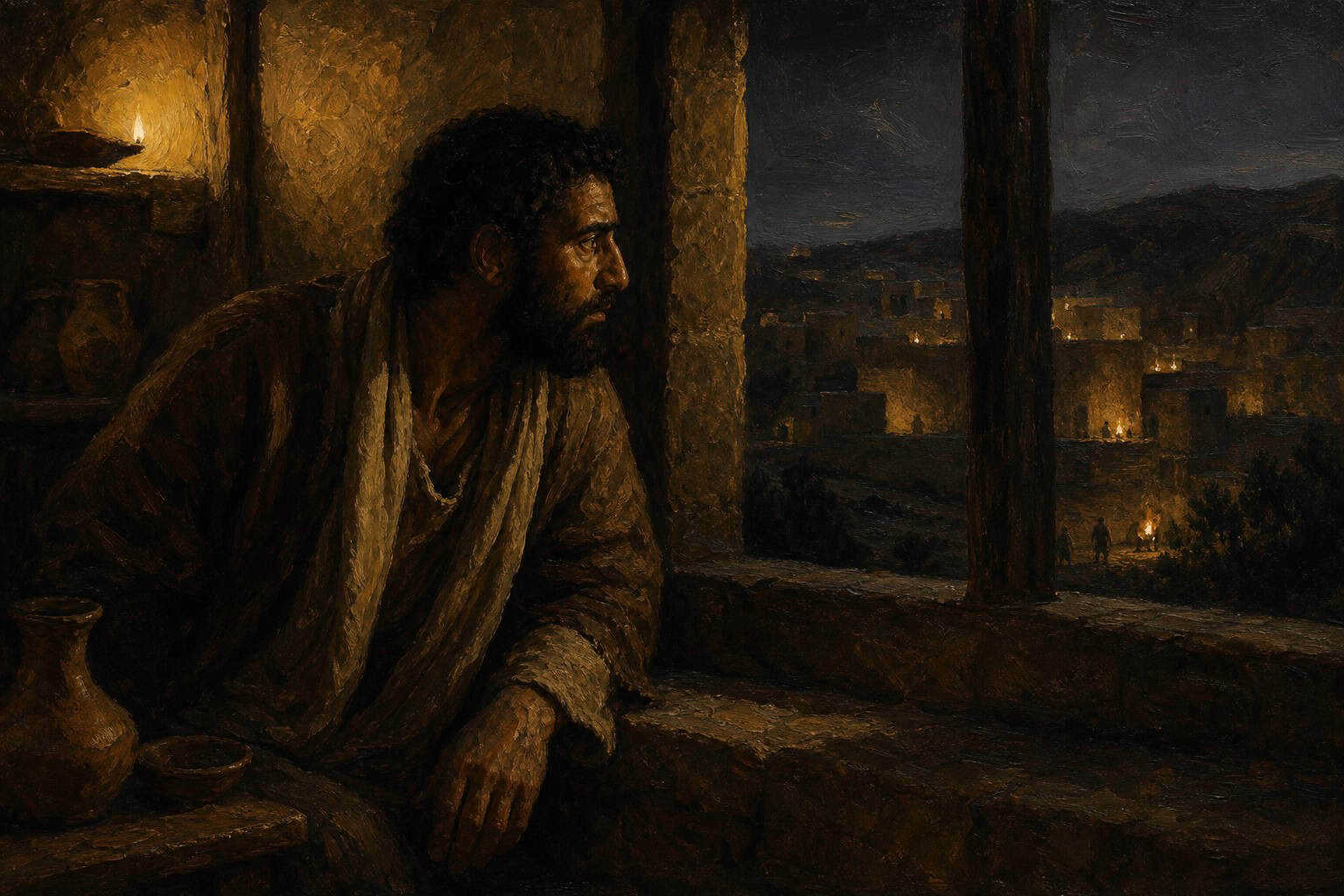 A man's silhouette pressed against a dim night window, one side of his face lit warm, the other lost in shadow