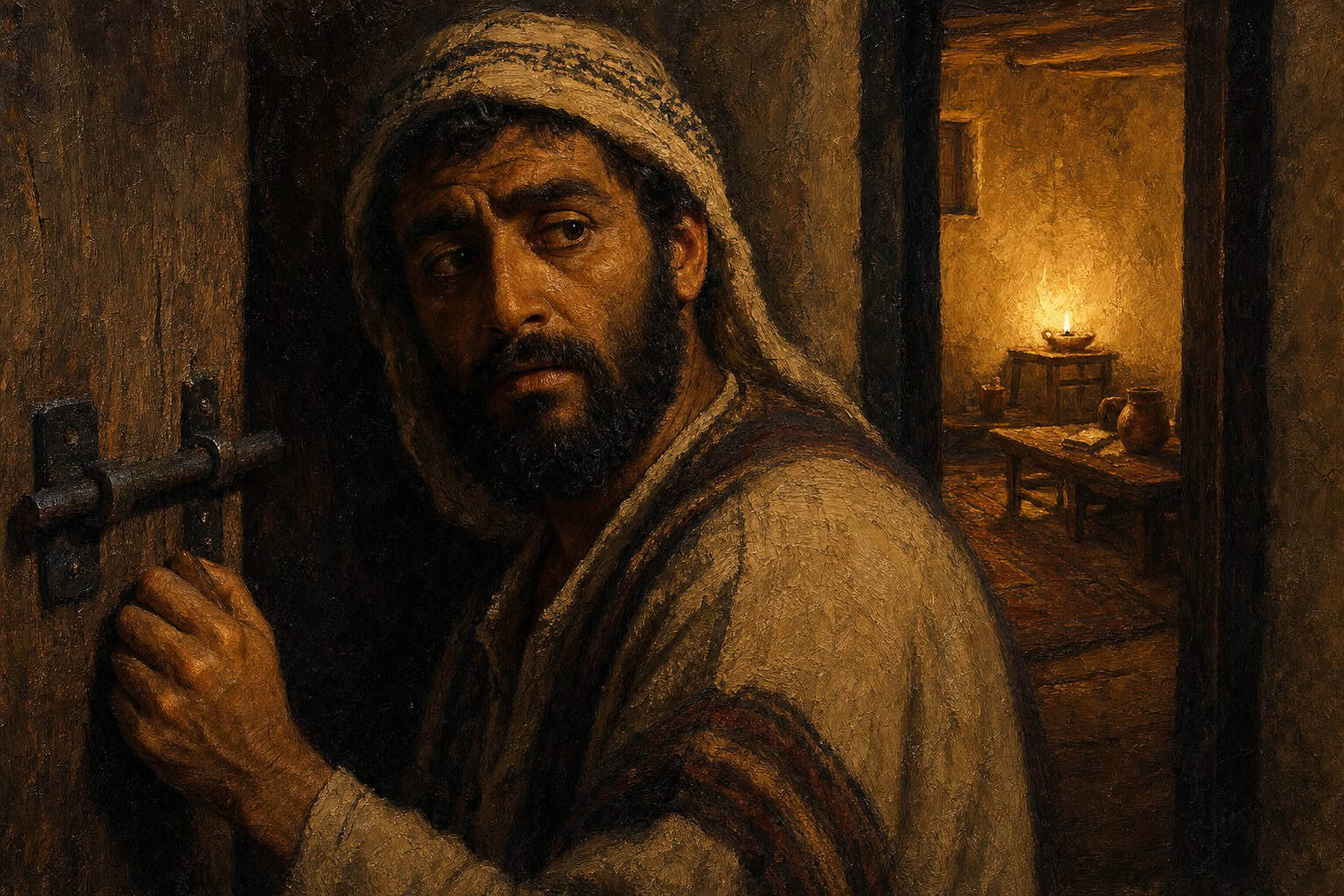 A hand resting on a deadbolt in a dim hallway, the person's face half-turned away toward an empty lit room