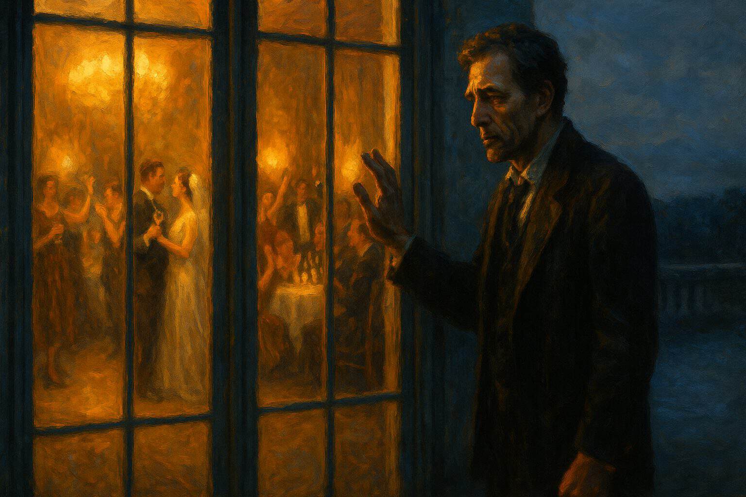 Man on a dim terrace watching a warm celebration through glass, aching clarity in his face