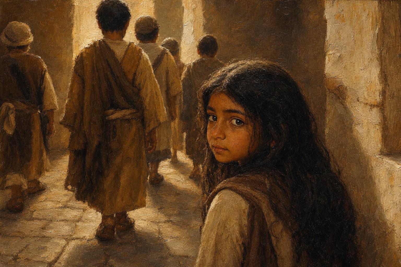 A single small child in soft morning light on a bare a stone hall floor