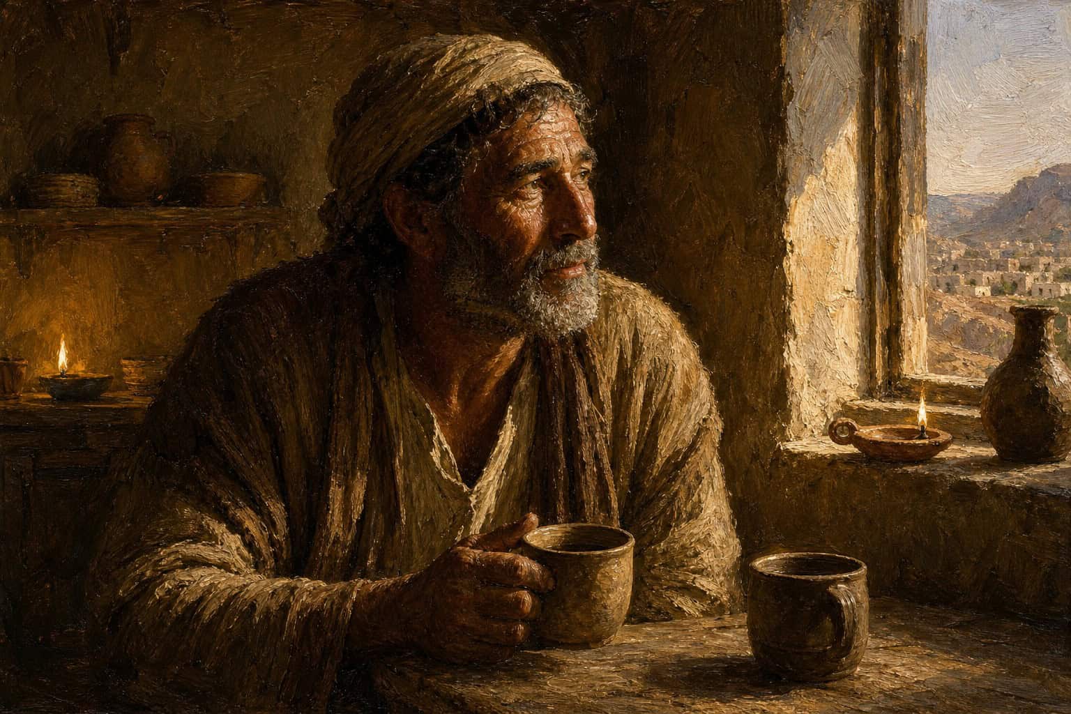 A man alone at dawn by a kitchen window, an untouched second cup of coffee cooling on the counter