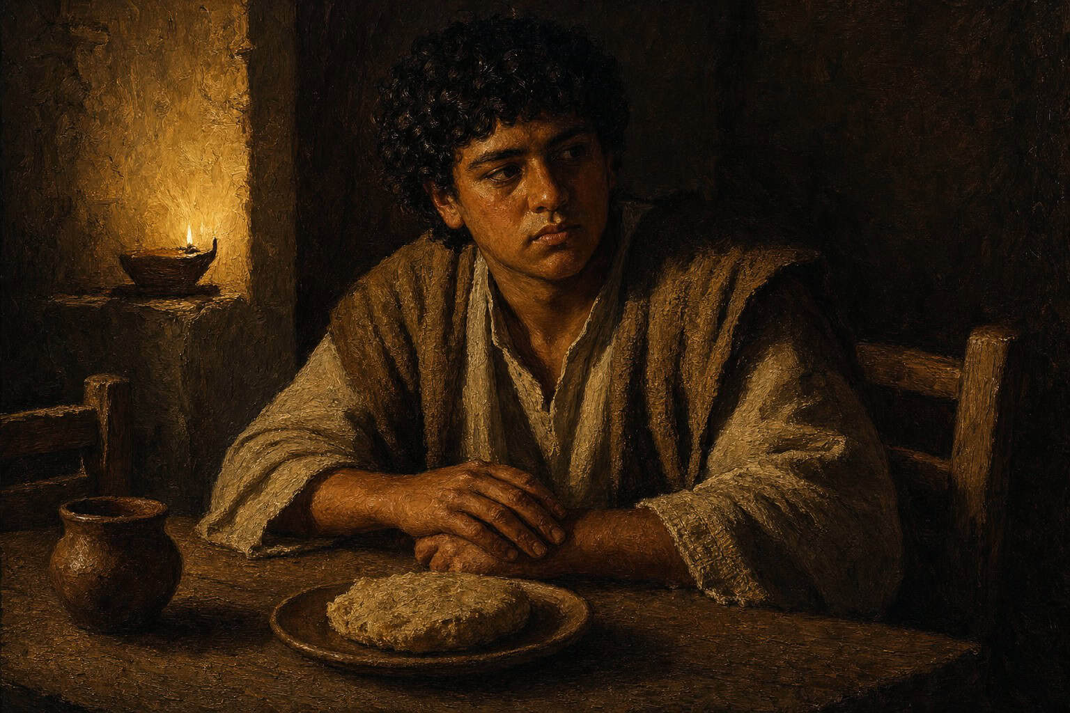 A man seated at a bare table in low lamplight, a plate of untouched bread between two chairs, his hands unnaturally still